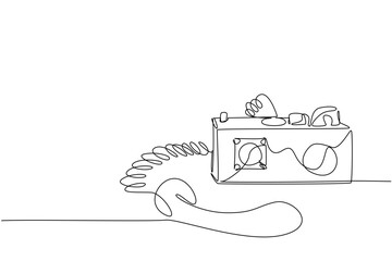 Single continuous line drawing vintage military radio with the receiver placed underneath. Like a satellite phone. Helpful. Amateur Radio Military Appreciation Day. One line design vector illustration