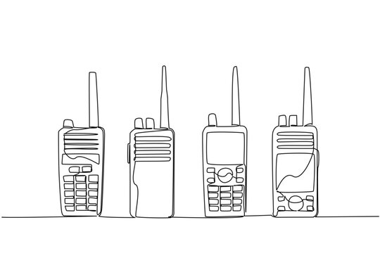 Single one line drawing several handie talkies placed in a row. Four different types with the same function. Device Amateur Radio Military Appreciation Day. Continuous line design graphic illustration