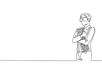 Single one line drawing a man wear long sleeved shirt with suspender hugging a computer keyboard. Hug tightly to get creative ideas. Think. Geek Pride Day. Continuous line design graphic illustration