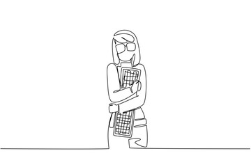 Single continuous line drawing woman dressed as nerd, hugging computer keyboard. Hold tightly. Not willing to lose. Connected to inanimate objects. Geek Pride Day. One line design vector illustration