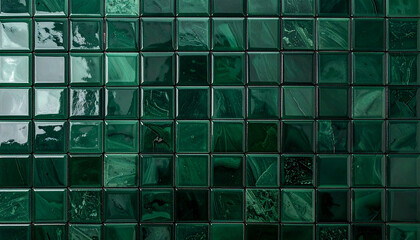Dark green ceramic tile background, square mosaic pattern, glossy reflective finish, modern kitchen