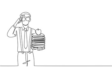 Single one line drawing man wear long sleeved shirt with suspender carrying stack of books and holds glasses. The librarian who is on a diet Geek Pride Day. Continuous line design graphic illustration