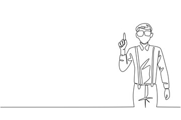 Single one line drawing man wear long sleeved shirt with suspenders raises one of his index fingers. Funny gestures from the most genius. Geek Pride Day. Continuous line design graphic illustration