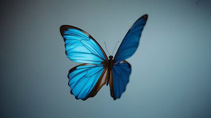 Blue Butterfly in Flight with Soft Gray Background