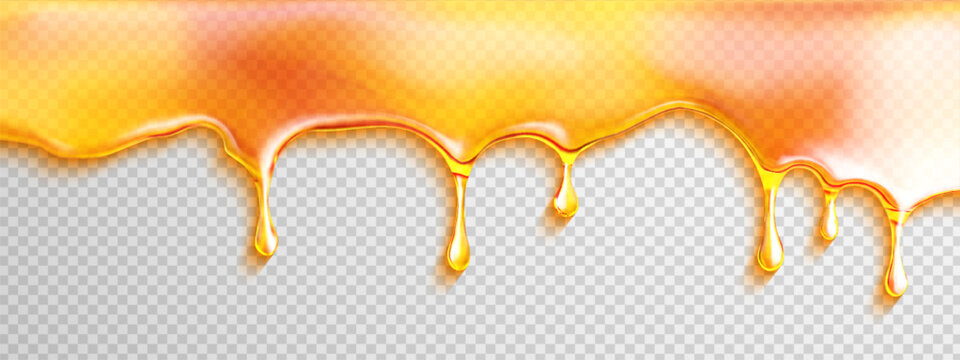 Honey Drip Slime Melt Oil Realistic Caramel Gooey Syrup Drop. A sweet stream of amber syrup flows down for a tasty background or border with a smooth sticky texture.