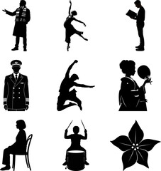 Collection of black silhouettes depicting diverse human activities and a floral motif against a white background