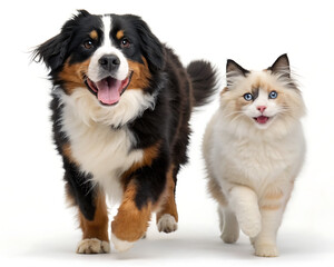 Fototapeta premium A bernese mountain dog and a ragdoll cat walking towards the camera on a white background studio shot