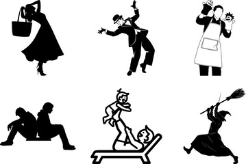 Diverse silhouettes of people engaged in various activities including shopping dancing cooking relaxation and playful interactions depicting everyday life