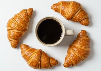 Coffee and croissants arranged on a white surface