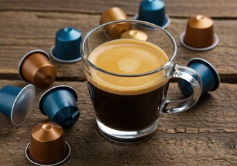Espresso in a glass cup with coffee capsules on a wooden table.