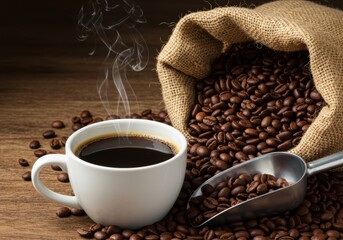 Steaming cup of coffee with roasted beans and a burlap sack on a wooden surface.
