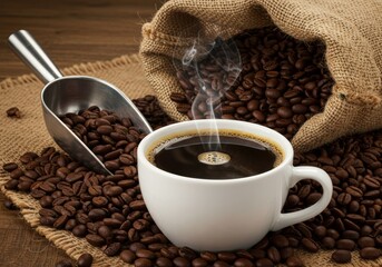 Steaming cup of coffee with roasted beans and burlap sack.