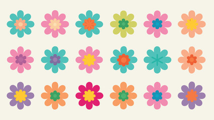 Bright and colorful collection of 25 cute floral icons for diverse design applications