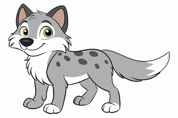 Cartoon Spotted Gray Wolf, Happy Expression, Tail Wagging, on White Background