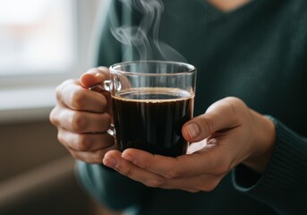 Person holding a steaming cup of coffee