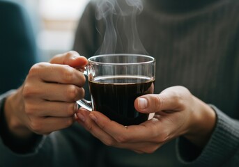 Hands holding a cup of hot coffee with steam rising