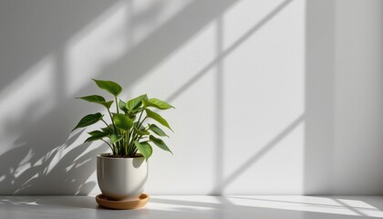 Minimalist Potted Plant with Natural Sunlight and Shadows
