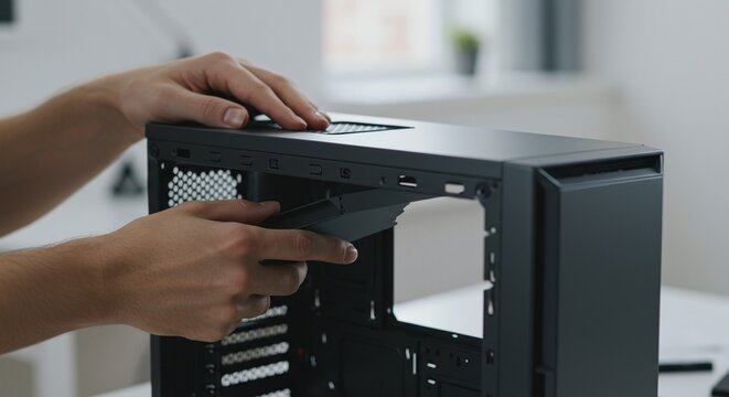 Hands assembling a desktop computer, highlighting the process of building and customizing hardware.Concept of computer hardware assembly and repair.