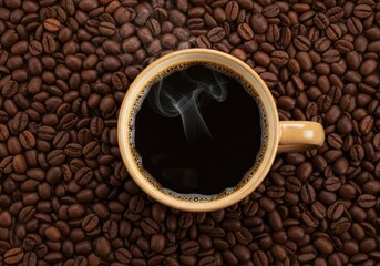 Steaming cup of coffee on a bed of roasted coffee beans, top view.