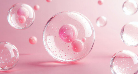 透明なピンクの美容成分バブルが浮かぶ高精細な3Dイメージ。コラーゲンやセラミドなどの美容液成分をイメージした広告・スキンケア背景素材に最適。
High-resolution 3D image of transparent pink beauty ingredient bubbles, ideal for skincare product ads and cosmetic background de