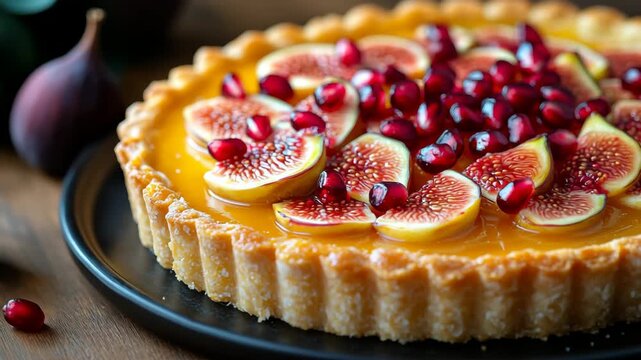 A culinary masterpiece a fruit tart crowned with jewels of fig and pomegranate perfect for videos about gourmet baking and delicious desserts.