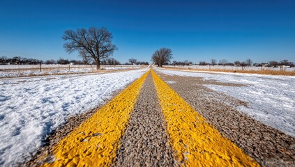 Winter road with yellow lines and snow.