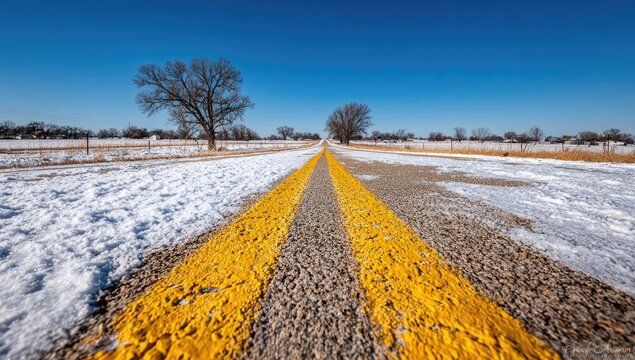 Winter road with yellow lines and snow.