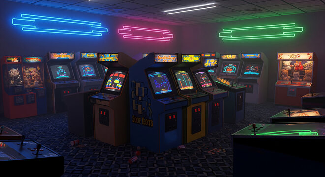 Step back into the electrifying 80s with this nostalgic arcade scene, complete with vibrant neon lights and classic gaming consoles for a retro gaming experience