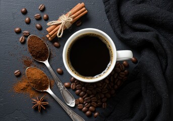 Coffee cup with cinnamon and coffee beans on a dark background