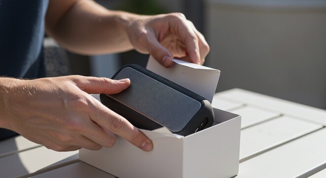A person is unboxing a new portable Bluetooth speaker for wireless music playback. Concept of a portable wireless audio device.