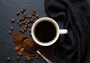 Coffee cup with beans and powder on a dark background