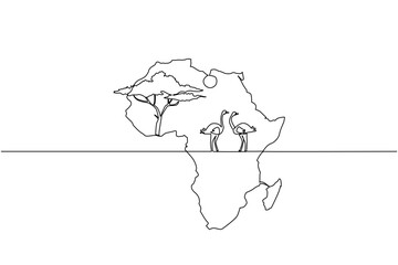 Single continuous line drawing the African continent with 2 ostriches in the middle, the sun and a big tree. The natural habitat of the ostrich. Global Africa Day. One line design vector illustration