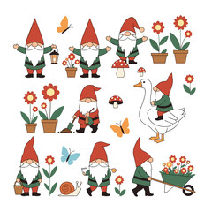 A charming collection of garden gnomes enjoying a sunny day in the flower patch.