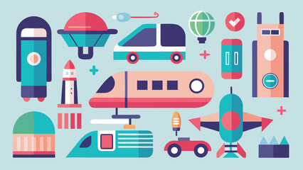 Collection of 18 futuristic transportation icons for digital design and infographics