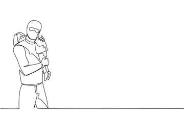 Continuous one line drawing a masked man carrying a girl. Tighten supervision of children. Crime is increasing. Abduction. National Missing of Children Day. Single line draw design vector illustration