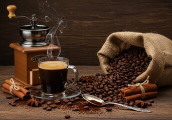 Steaming cup of coffee with coffee beans, grinder, and spices on a wooden table.