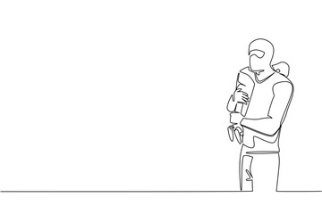Single one line drawing a masked man carrying a boy. Prevent terror acts of child kidnapping. Increase alertness. Abuse. National Missing of Children Day. Continuous line design graphic illustration