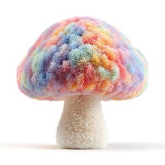 Whimsical rainbow colored textured mushroom plush toy isolated on white background