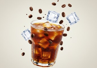 Refreshing iced coffee with floating coffee beans and ice cubes.