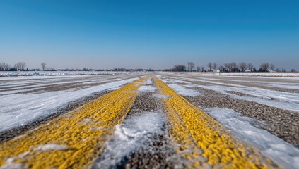 Yellow runway markings on a snowy winter day.