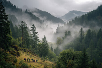 Dense pine valley with hikers on ridge path