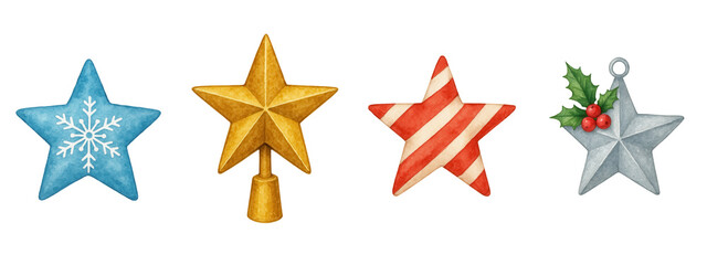 Christmas festival objects decor watercolor stars with snowflake holly and stripes in festive holiday style