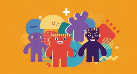 Colorful quirky cartoon character group against abstract geometric background design
