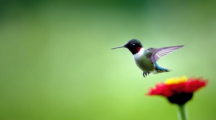 hummingbird. A hummingbird hovers near a red flower, its wings moving fast against a green background. wildlife magazines, conservation campaigns, designed for nature documentaries and education.