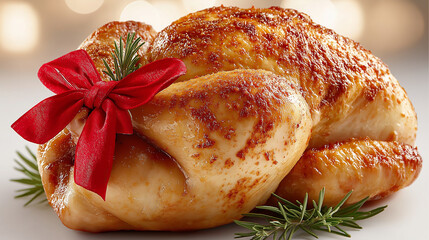 Roasted Turkey Celebration: A beautifully roasted turkey adorned with a festive red bow and rosemary sprigs, a symbol of festive celebrations, ready to bring warmth and delight to any occasion.