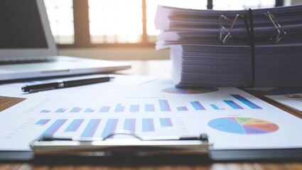 Business Office Desk with Financial Reports and Documents.