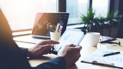 Business Professional Analyzing Data on a Digital Tablet in a Modern Office.