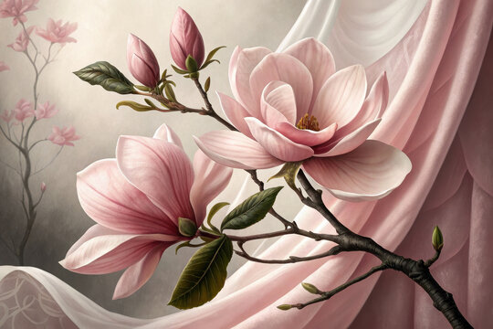 Magnolia blossoms in soft light, a romantic and dreamy floral arrangement