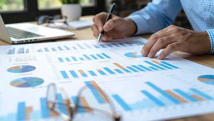 Business professional analyzing financial reports and data.