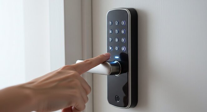 A person enters a code on the digital keypad of a smart lock to gain keyless entry. Concept of a digital home security system.